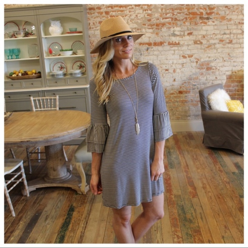 LAST ONE! Black &Ivory Striped Tiered Sleeve Dress - Picture 2 of 3